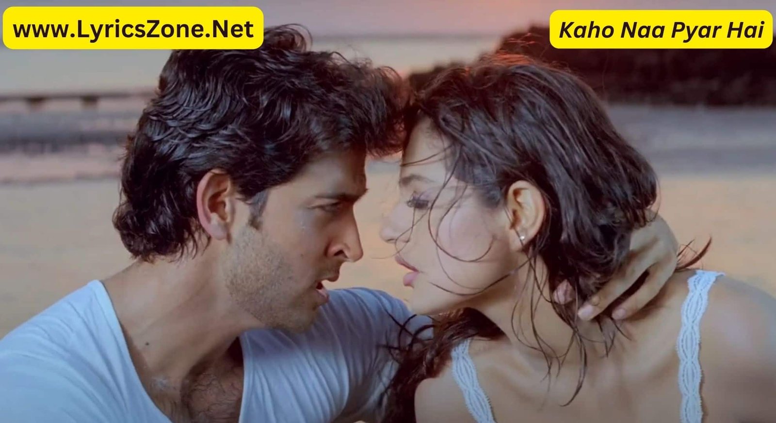 Hrithik Roshan and Ameesha Patel express their love in a romantic scene by the sea beach in Kaho Na Pyar Hai. The image beautifully captures the essence of the song's lyrics and its enchanting beach setting. Explore the heartfelt Kaho Na Pyar Hai lyrics to experience this romantic moment further.