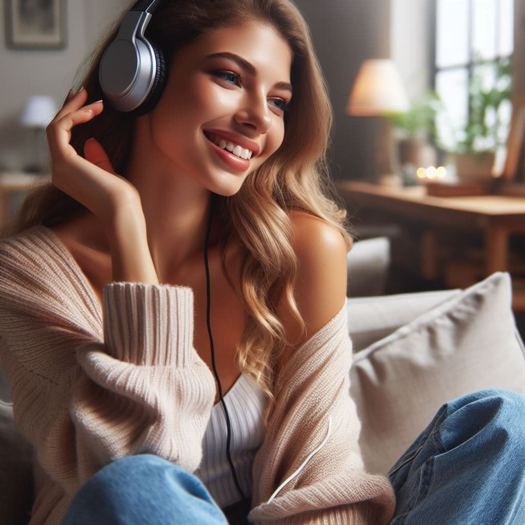 lyrics zone in which a beautiful lady listening to song and is very happy